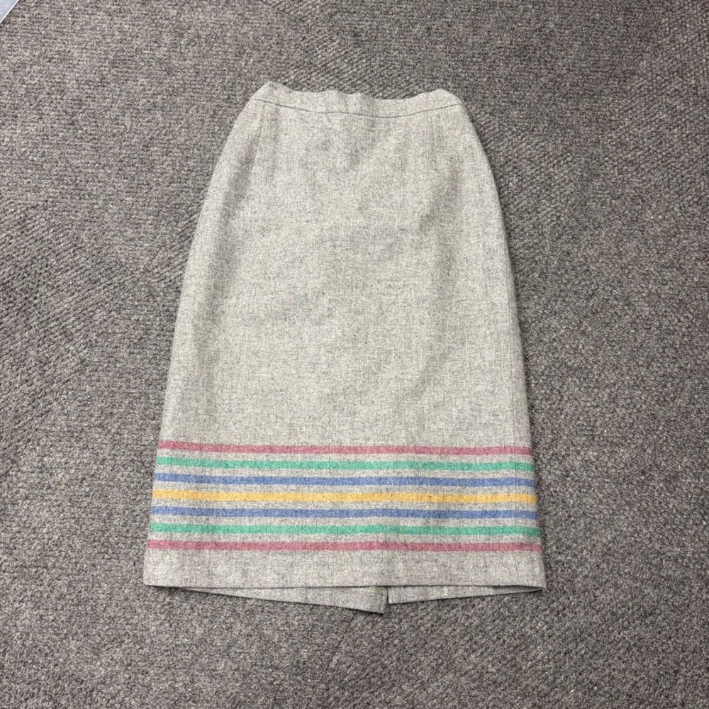 Vintage Vanity SA Gray Wool Midi Skirt Rainbow Stripe Hem Size 9 Made in Mexico